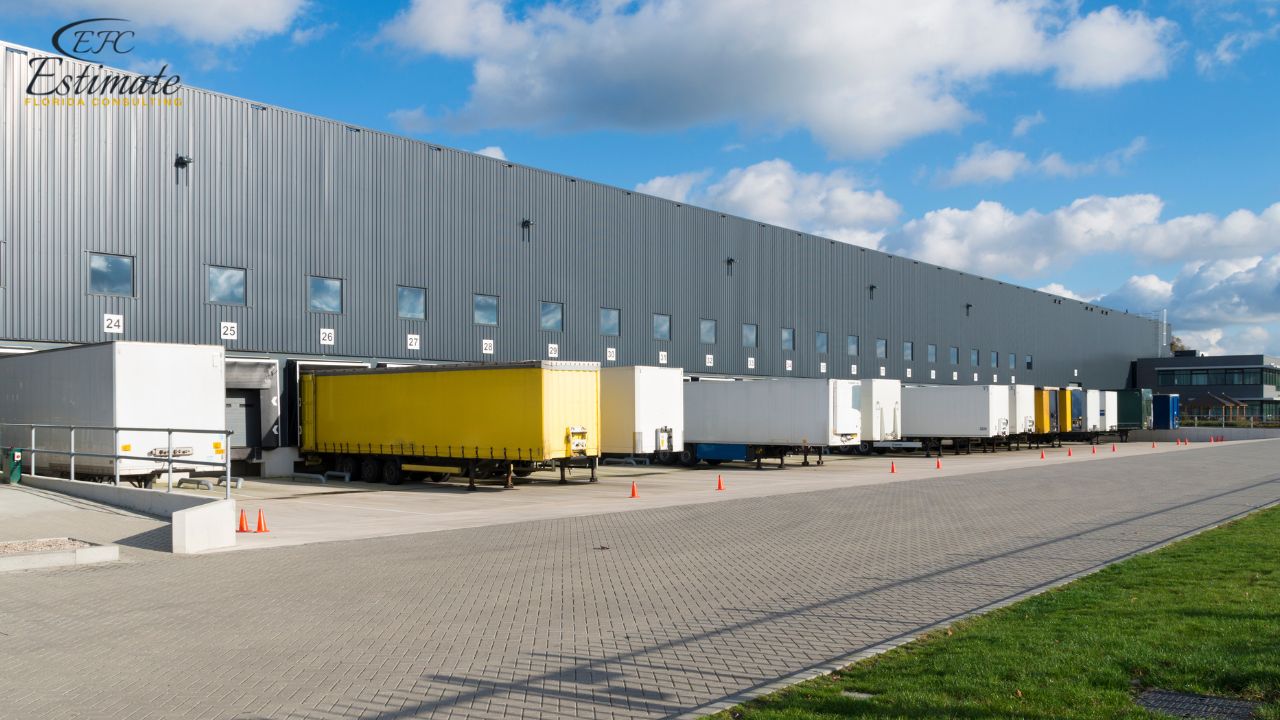 Warehouse under construction with steel columns