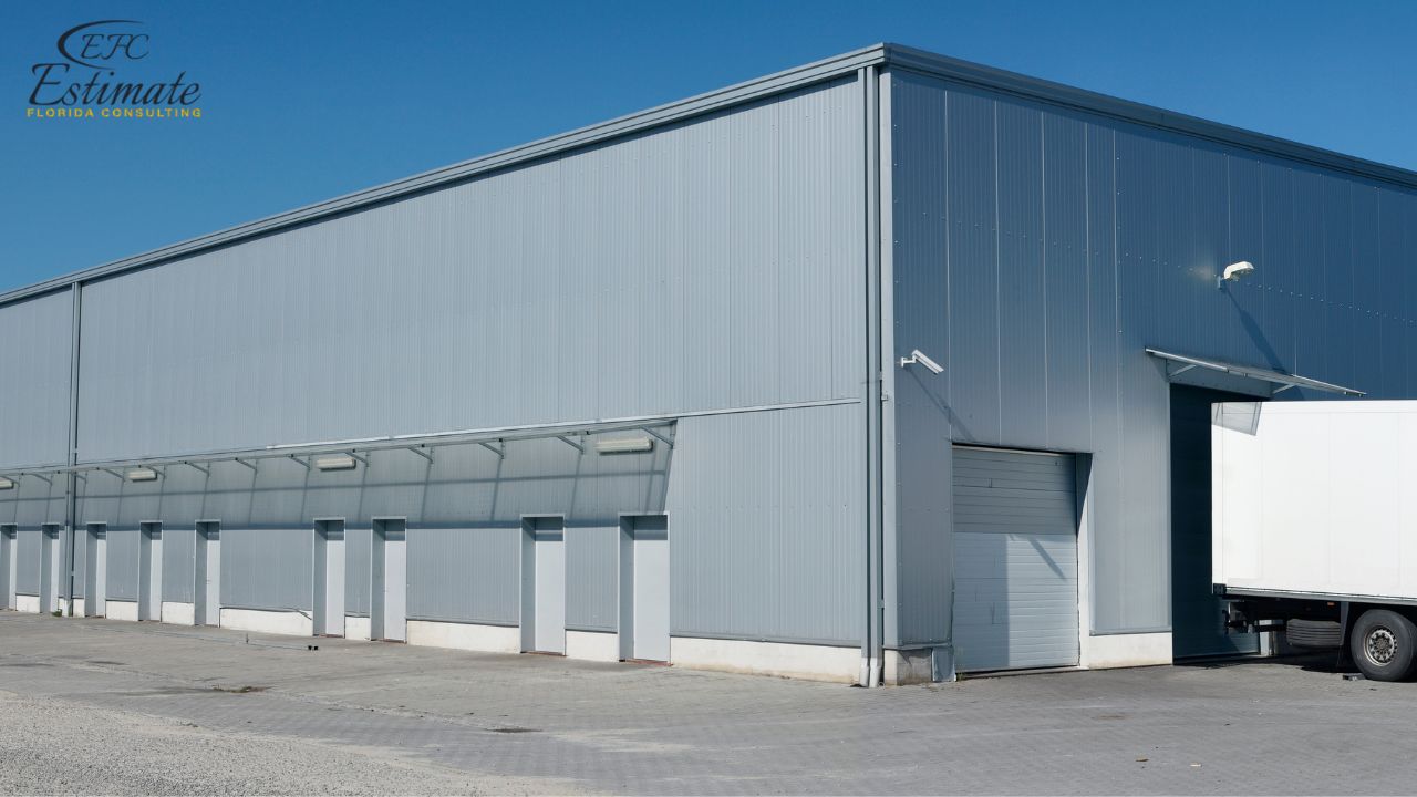 Partially completed warehouse with metal roofing panels being installed and workers operating lifting equipment