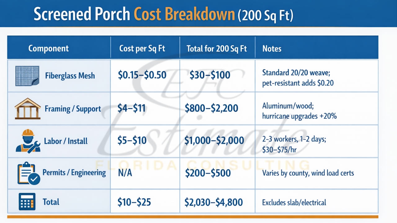 Fiberglass Screen Porch Installation Cost in Florida