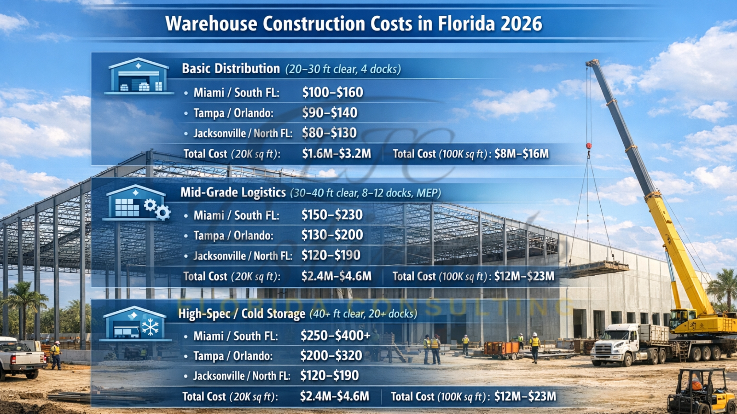 Warehouse construction costs in Florida by type and region per sq ft.