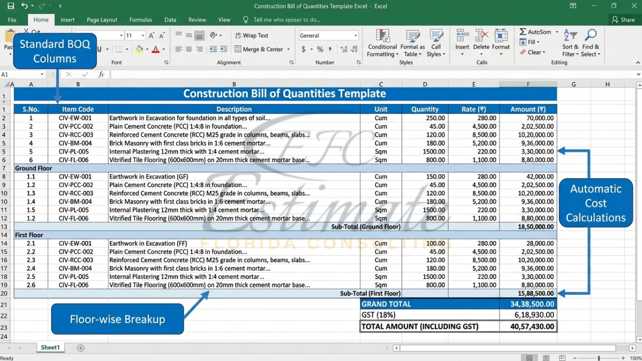 BOQ Format in Excel for Construction Projects India