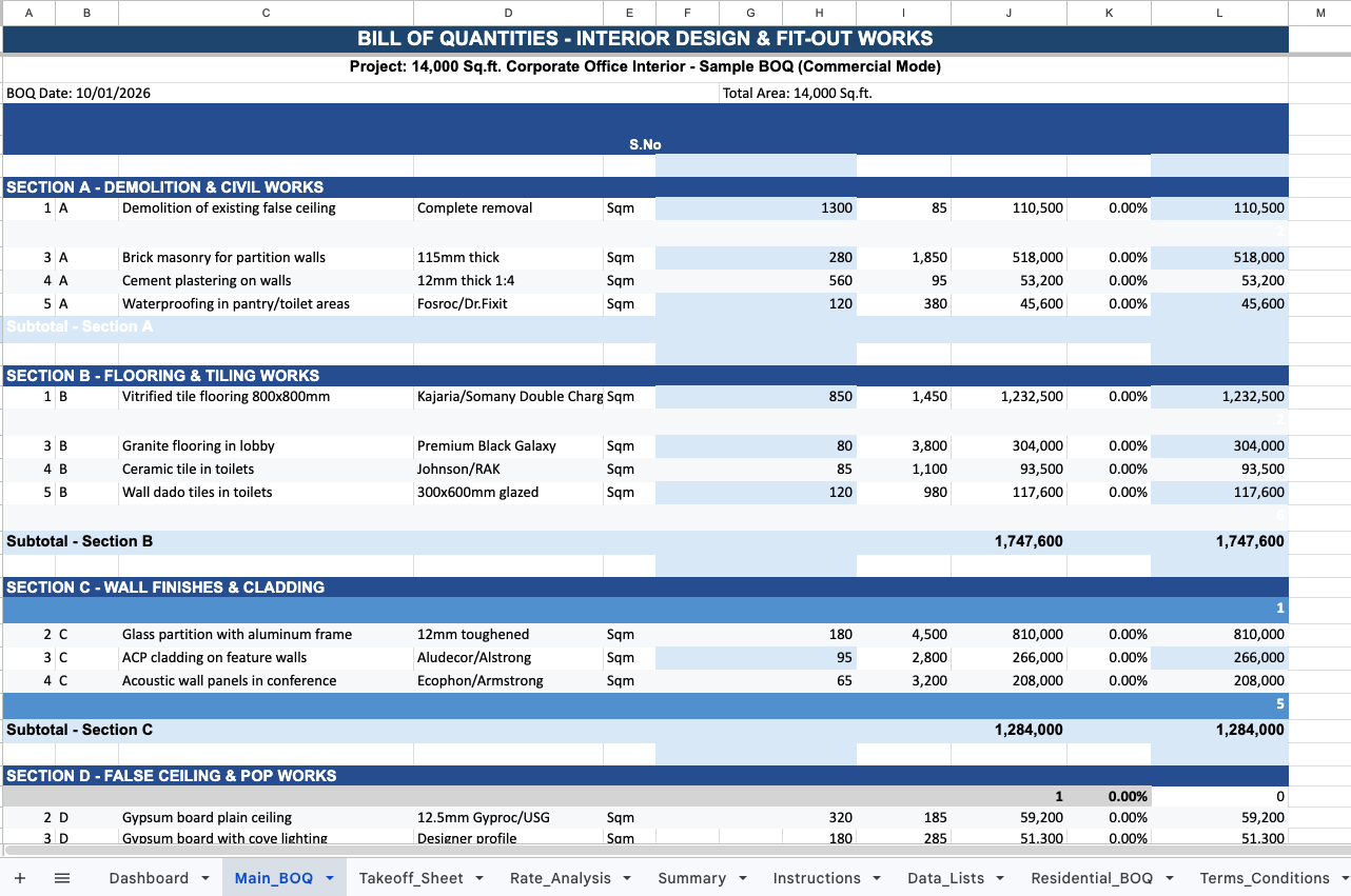 Professional Interior Design BOQ Template Screenshot